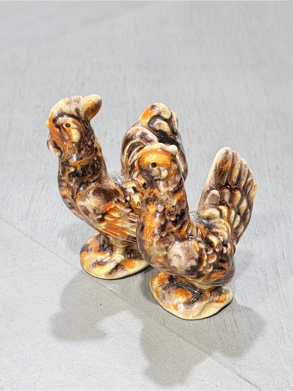 Artist Signed BG Ceramic Art Rooster/Turkey/Chicken Figurines Brown& Orange Fall